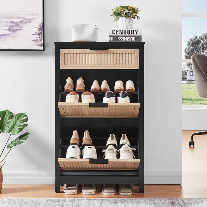 2 Flip Drawers Shoe Cabinet Storage for Entryway, Narrow Shoes Organizer Cabinet for Front Door Entrance, Hidden Wooden Hallway Shoe Rack(Oak&Black)