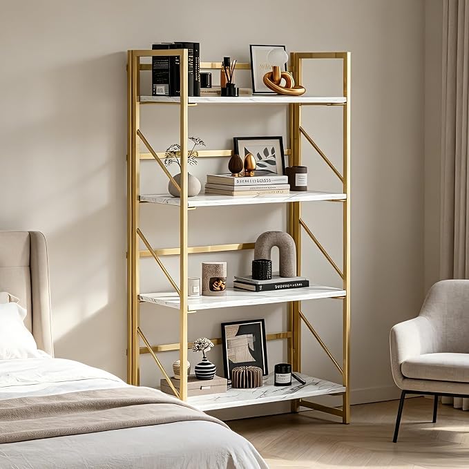 JSB 4 Tier No Assembly Folding Bookshelf, Foldable Storage Bookcase for Home Office, Space-Saving Storage Shelf for Living Room, Bedroom, Office (White&Gold)