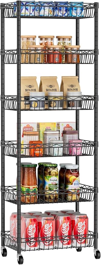 Golpart Basket Shelves Closet Rack with Wheels Metal Pantry Wire Shelf Unit | 6 tier Storage Rolling Shelving Bathroom Organizers Kitchen Garage Laundry Room Organization Home 17.2"Dx12.2"Wx63"H Black
