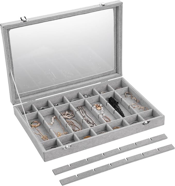 Frebeauty Velvet Jewelry Tray,35 Grid Jewelry Organizer with Clear Lid,Earring Holder Organizer Case with Clasp,Drawer Insert for Rings Studs,13.8 x 9.5 x 2 Inches,Gift for Women Girls(Grey) | Drawer Jewelry Organizer for Rings Studs Beads,Adjustable D...
