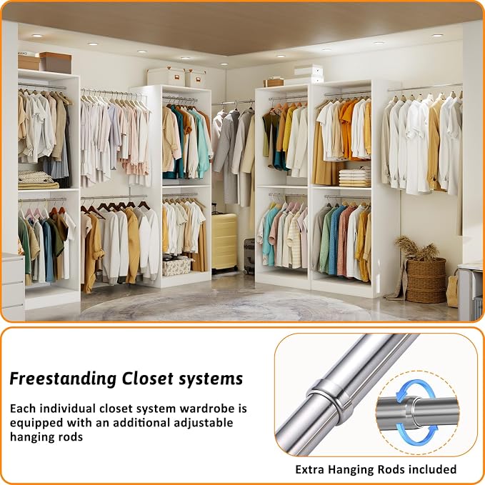 Closet System with 12 Hanging Rods& Shelves , 8FT Small Closet Organizer System Storage Wood with Extra Side Hanging Rod for Walk in Closet, Adjustable Modular Closet Systems Customize, White(8FT)