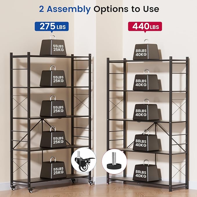 ALANNG 40" W Foldable 5-Tier Storage Shelves on Wheels Adjustable | Removable Metal Rack, Heavy Duty Rolling Organizer for Kitchen, Garage, Closet, Pantry, and Office (Black,3 Pack)