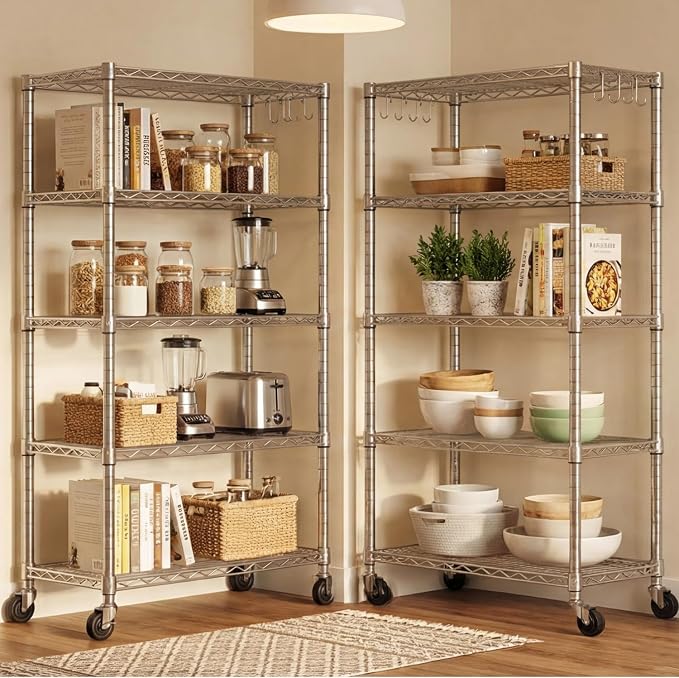 24" Wx18 Dx75 H Chrome Storage Shelves with Wheels, 5 Tier Wire Shelving Adjustable Metal Shelving Pantry Shelves Capacity 1250LBS for Garage Shelving, Pantry, Kitchen, Closet, Commercial