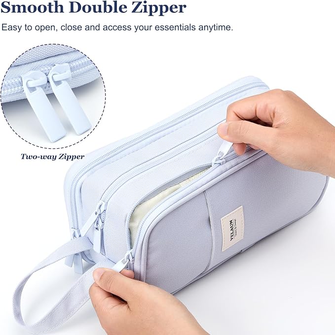 Pencil Case Pouch, Large Capacity Pencil Box Bag, Aesthetic Pen Organizer for School Supplies, Cute Preppy Stuff for Girls Boys Kids, Back to College Stationery, Light Blue