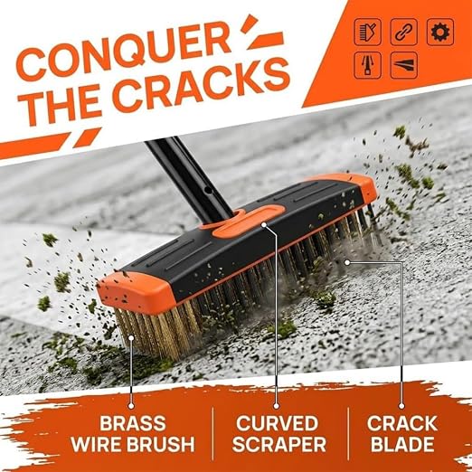 2026 Deck Brushs 3 in 1 Floor Scrub Brush with Long Handle, 3-in-1 Weed Brush Combo Set with Detachable Handle, Deck Scrub Brushs for Patio, Pavers, Driveway, Walkway, Stone Joints (Orange)