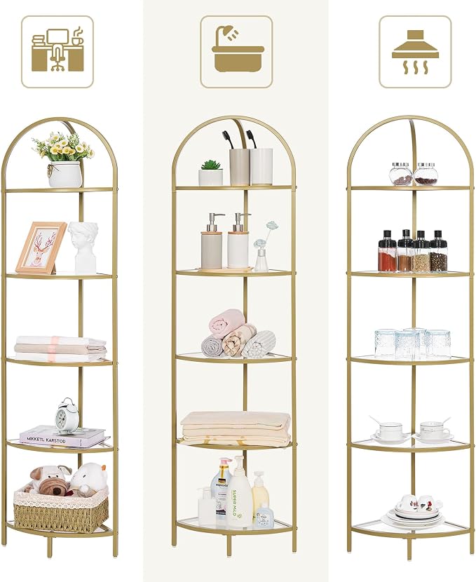 Homhedy 5-Tier Corner Shelf Stand, Metal Corner Bookshelf, Tempered Glass Shelves, Bathroom Storage Rack Shelf, Plant Stand, Modern Style, Golden