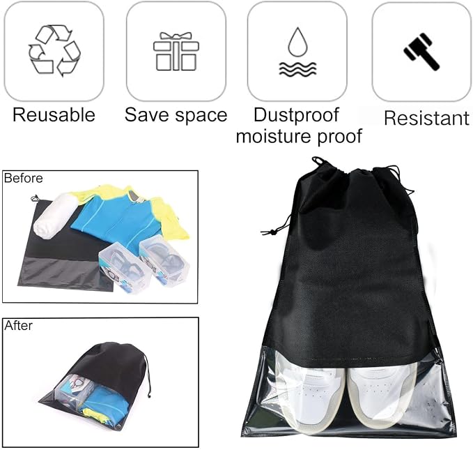 6 Pcs Travel Shoe Bags, Ulbemoll Drawstring Shoe Storage Bags for Packing, Black