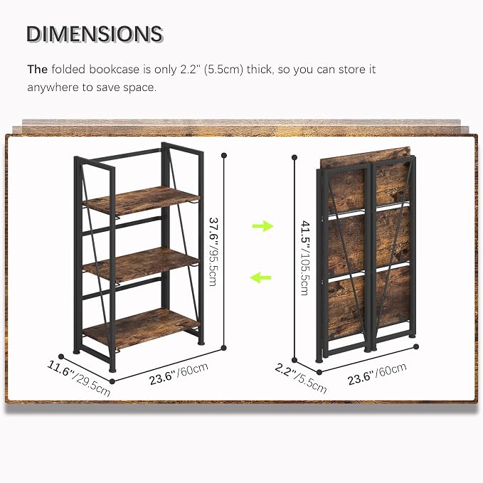 4NM No Assembly Folding Bookshelf Storage Shelves 3 Tiers Vintage Bookcase Standing Racks Study Organizer Home Office (Rustic Brown Black)