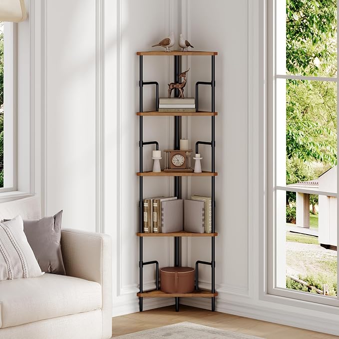 MAHANCRIS 5-Tier Corner Shelf, 52.8" Tall Corner Bookshelf with Metal Frame, Narrow Display Shelf Stand, Industrial Corner Bookcase for Living Room, Bedroom, Home Office, Rustic Brown CSHR5501