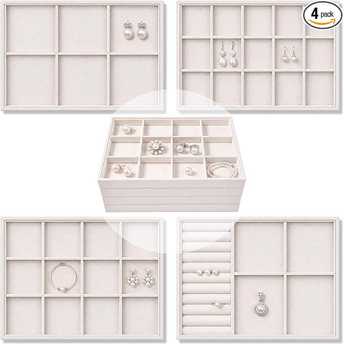 Unittype Set of 4 Stackable Jewelry Organizer Tray for Drawer Inserts Velvet Necklace Earring Bracelet Ring Holder Jewelry Display Storage Box for Bangle Stud Necklace Ring(Mixed Styles,Beige)