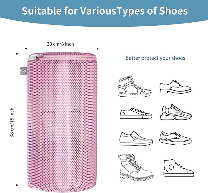 Kimmama Shoe Washing Machine Bag, Shoe Laundry Bag, Pink, 8x15", 2 Pack | Shoe Bag, For Sneaker, Tennis, Footwear, Trainers, Slippers, Sock, Building Blocks, Sandwish Mesh, Travel, Divided