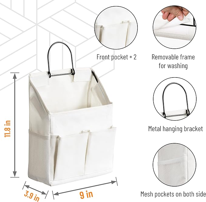 2pcs Wall Hanging Storage Bag, Small Door Closet Linen Fabric Pockets Organizer, Waterproof Multi Functional for Living Room Bedroom Bathroom Kitchen RV Camper with Hooks All White
