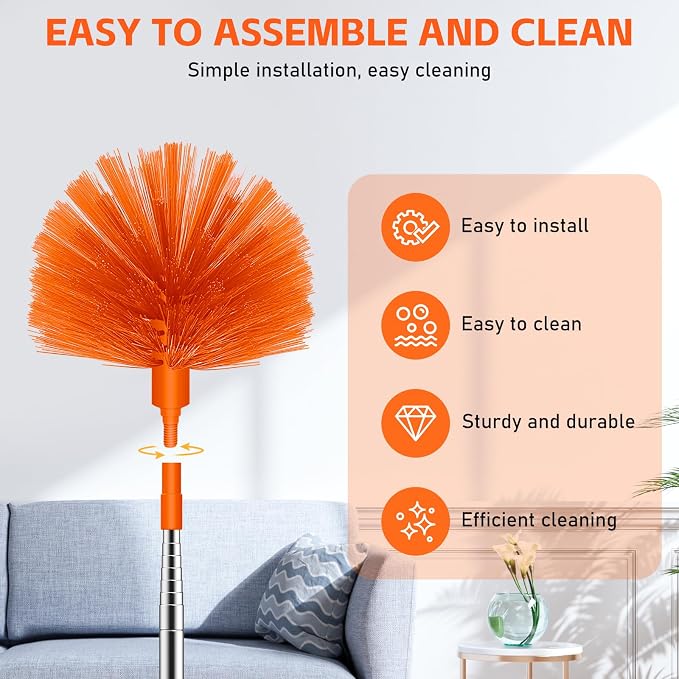 SetSail Cobweb Duster with Extension Pole, Retractable Dusters for Cobweb Cleaning 90-inch Long Handle Spider Web Brush for Outdoor Indoor High Ceilings Fan, Orange