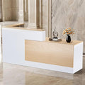 Ceridwen L-Shaped Large Wooden Reception Desk, Modern Front Desk Reception Counter with Lockable Drawers, Storage & Keyboard Tray for Office Lobby Checkout (Right-Oak & White, 71''L x 34''W x 41''H)