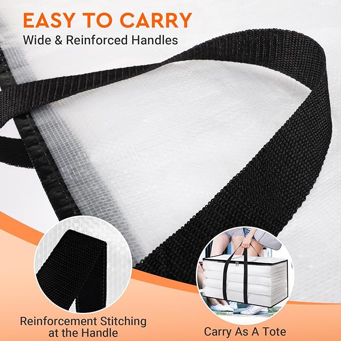 HomeHacks Clear Moving Bags Heavy Duty 10 Pack, Storage Bags with Zipper, Extra Thick Handles & Waterproof Packing Boxes for Moving, Camping, Home Organization 93L/24Gal (28.7"x14.2"x14")