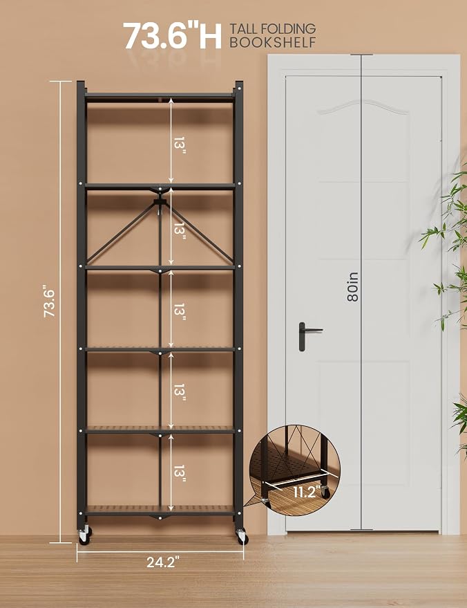 ALANNG 73.6 Inch Folding Bookshelf, 6 Tier Metal Bookcase and Bookshelves | Tall Shelves for Living Room Office Bedroom, Heavy Duty Book Shelve Free Standing Open (Black, 3PACK)