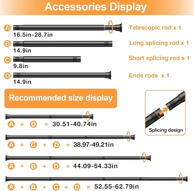 Tension Curtain Rod 30-61Inch Black Tension Rod for Windows Shower Curtain Rods No Drilling Spring Adjustable Curtain Rods for Windows,Doorway,Bathroom,Closet,7/8" Diameter