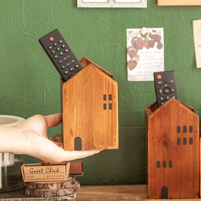 DAWASAPAT Wooden House Remote Control Holder/Remote Caddy & Desktop Organizer for TV Remotes, Stationery, Pencils, and Glasses set of 2