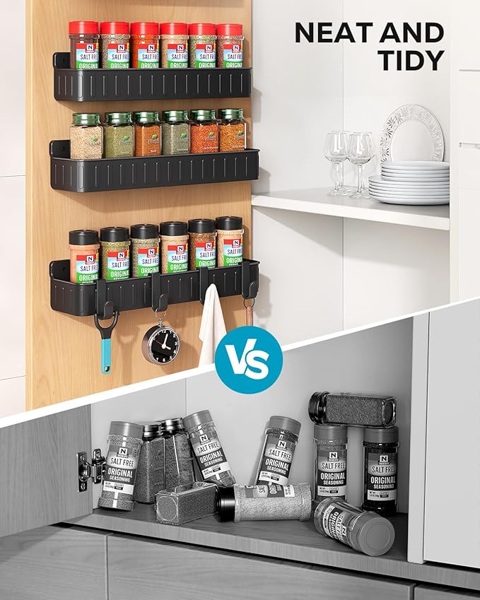 Nieifi Spice Rack Wall Mount, 4 Pack, Black, 2 Inch Depth, Screw or Adhesive Installation, Spice Rack Organizer for Small Spice Jars, Suitable for Kitchen Cabinet or Pantry Door