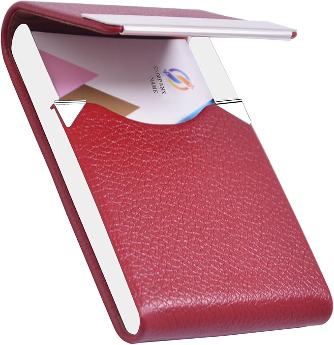 Business Card Holder with Ultra Slim Design,Business Card Case with Premium PU Leather, Suit Pocket Metal Card Holder for Women/Men,Professional Name Card Holder with Magnetic Shut(Red)