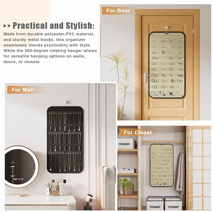 Hanging Jewelry Organizer for Necklaces Earrings, 1-Pack, Black and Beige | Foldable Double-Sided 36 hooks & 40 clear pockets; swivel hook fits walls, doors & rods for earrings, bracelets, rings