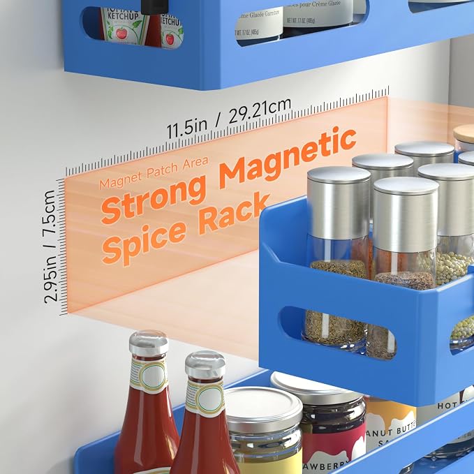 Sevenblue 4-Pack Magnetic Spice Rack for Refrigerator with Hooks, Blue | Strong multipurpose magnetic shelf for kitchen & bathroom organization. Includes 4 removable hooks for hanging items.