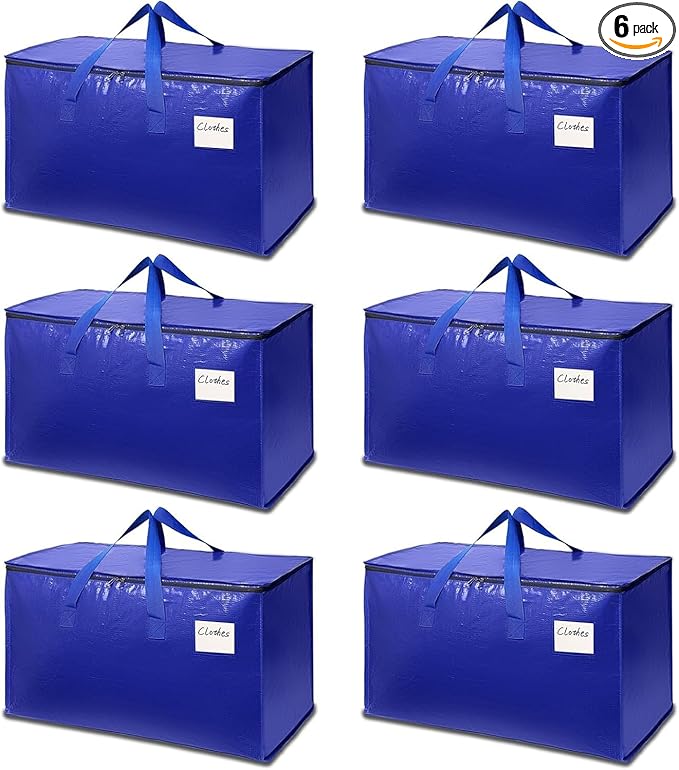 6-Pack Extra-Large Heavy-Duty Moving bags with Reinforced Handles, Durable Zippers & Waterproof Material — Perfect for Space-Saving, Storage, Shipping and Travel (Blue)
