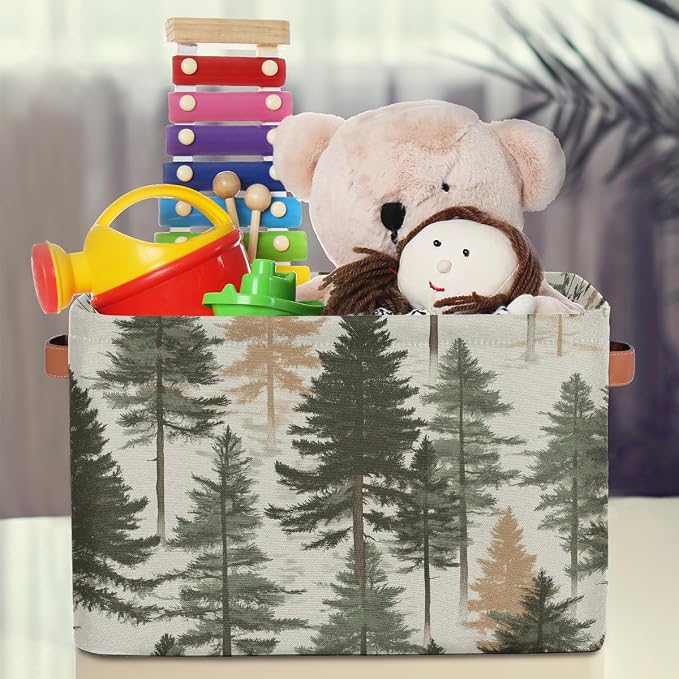 Rectangular Storage Bins Forest Pine Tree Pattern Collapsible Fabric Storage Basket Organizer with Handles for Nursery Bedroom Bathroom