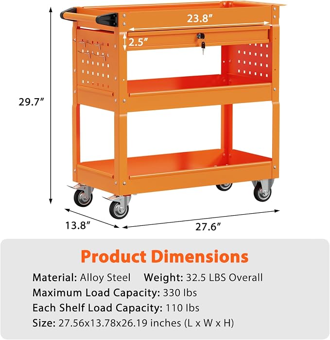 3 Tier Heavy Duty Rolling Tool Cart with Drawers, Large Storage Utility Cart on Wheels for Garage, Warehouse, Repair Shop (Orange)