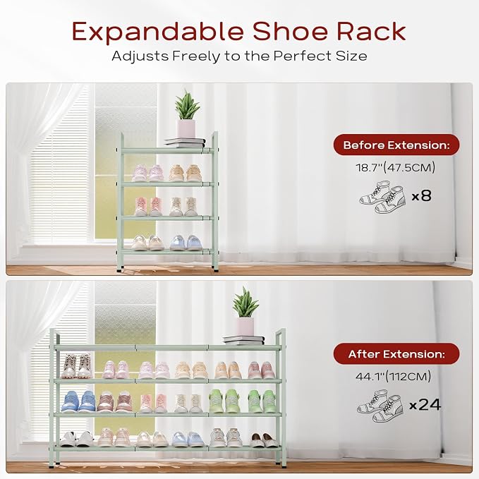 Bumusty 4-Tier Long Expandable Shoe Rack for Closet, 18"-44" Adjustable Shoe Rack for Entryway, 20-24 Pairs Large Shoe Organizer Shelf Storage, Sturdy Metal, Green