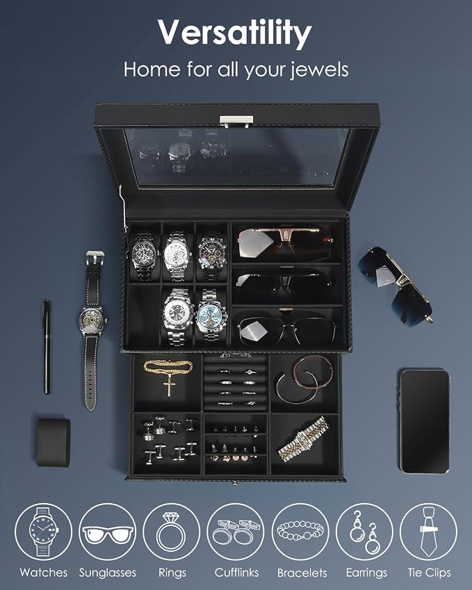 Kukikan Watch Jewelry Box Organizer, 6-Slot 2-Layer Case and Sunglasses Storage with Large Glass Lid, Men's Jewelry Box with Lock, Watch Holder Display Case, Fathers Day Gift, All Black
