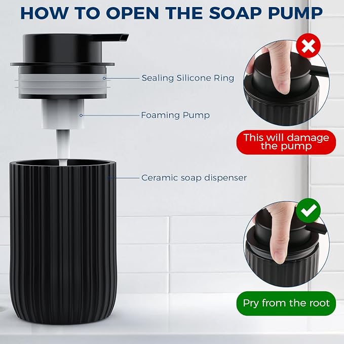 Ceramic Foaming Hand Soap Dispenser, 12 oz Bathroom Soap Dispensers, Lotion Dispenser for Kitchen, Refillable Matte Streaks Soap Dispenser with Large Pump (Black)