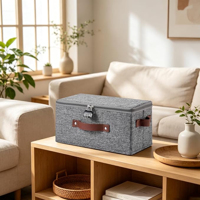 Storage Bins Boxes with Zipper Lid Combination Lock PU Leather Handles Cotton Linen Fabric Lockable Baskets DVD CD Case Foldable Closet Shelf Organizer Container (Gray, 13"x 6"x 6")