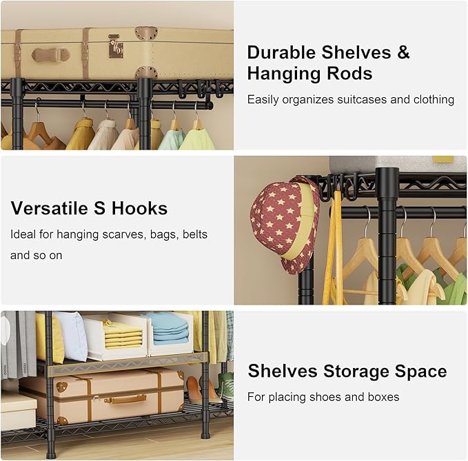 Ulif E3 Heavy Duty Garment Rack, 4 Tiers Freestanding Closet Organizer System with 5 Shelves, Metal Closet Organizer and Storage System for Clothes, Max Load 850lbs, 58.4"W x 15.7"D x 77.3"H, Black