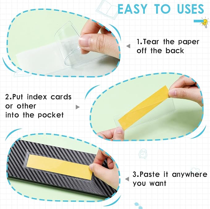 30 Pack Self-Adhesive Index Card Pockets with Top Open for Loading - Ideal Index Card Holder for Organizing and Protecting - Crystal Clear Plastic(1.2 x 4.4 Inches)