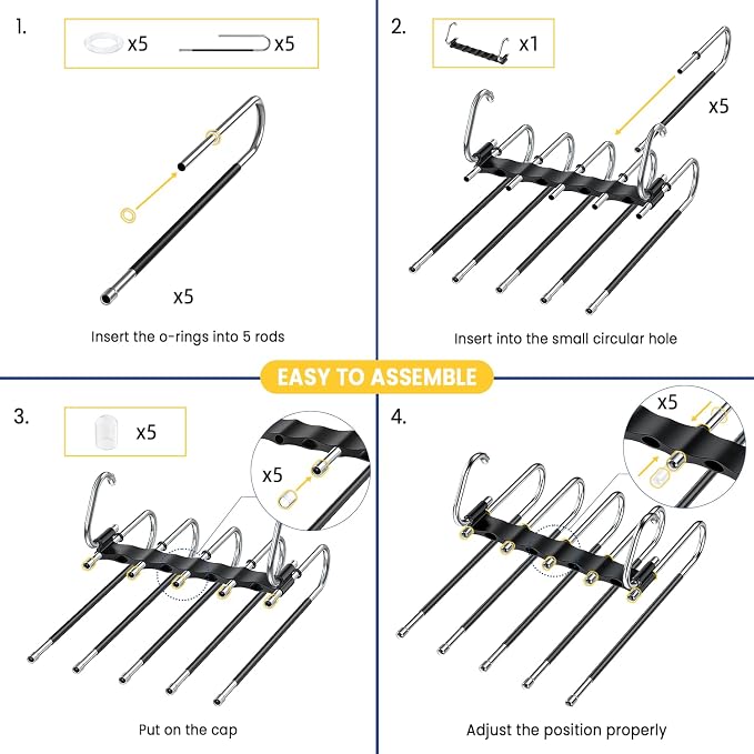 DAMITA Pants Hangers Space Saving - 2 Pack 5 in 1 Layers Stainless Steel Metal Jeans Hangers - Black Closet Organizers and Storage Anti-Slip Design for Pants Skirts Scarf Legging