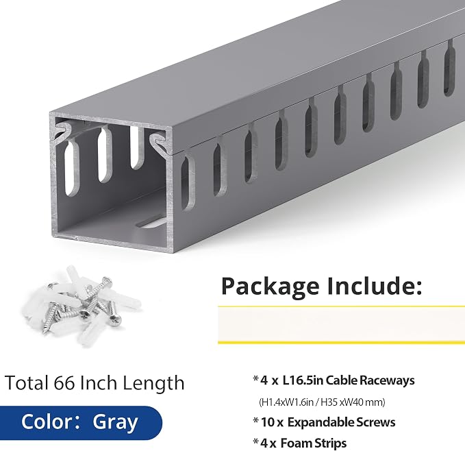 1.4"H x 1.6"W Cable Raceway, 66in Under Desk Wire Management Channel, Grey | Slotted Wire Duct, 4Pack, 16.5in Each, Heavy-Duty PVC Cable Management for Server Racks, Network Cables & Electrical Cabinets