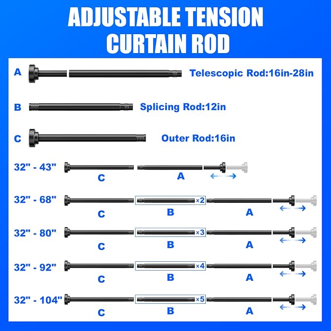 Ausemku Shower Curtain Rod - 32-104 Inch Rustproof Tension Rod, Non-Slip Spring Design, No Drilling Adjustable Curtain Rod for Bathroom, Kitchen, and Closet（Black）