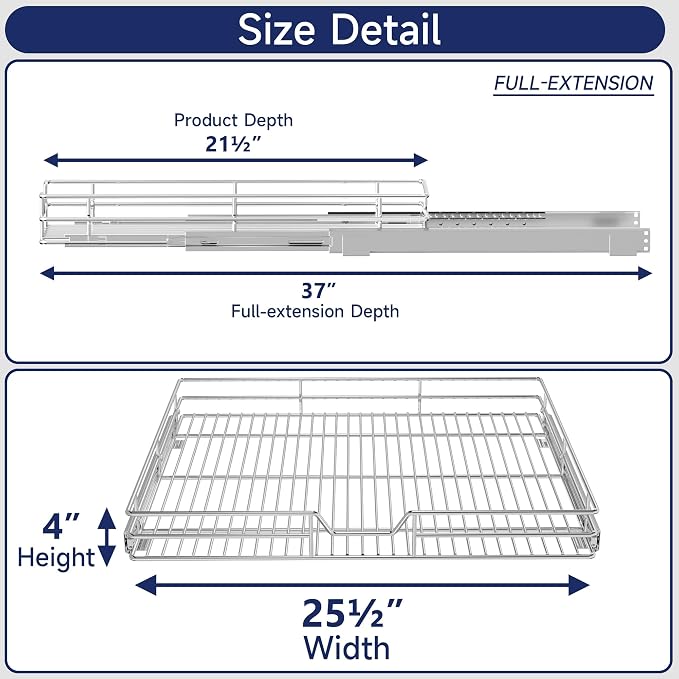 Pull Out Cabinet Organizer, 25.5" W x 21.5" D, Heavy Duty Chrome Slide Out Shelf for Wide Base Cabinets, Sliding Wire Basket Drawer for Pots, Pans, Appliances & Pantry Storage