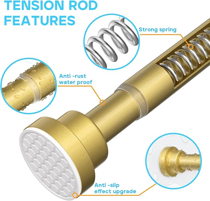 MEXAU 2 Pack Tension Curtain Rod For Window 30-64 Inches Adjustable Expandable Gold Spring Tension Rod Spring Curtain Rods No Drilling Extension Rods Tension Rod for Closet Doorway Kitchen