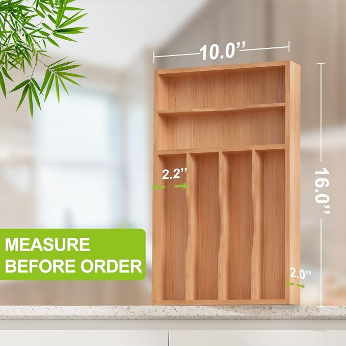 Unibambou Bamboo Utensil Drawer Organizer with Removable Dividers, Kitchen Organizer for Flatware Cutlery, Silverware Tray for Drawer (6/5 Flexible Slots, Natural)