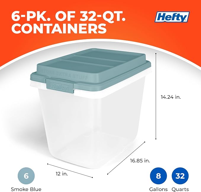 Hefty 6 Pack 32 Quart Lift Off Stackable Plastic Storage Bin and Lid, Smoke Blue