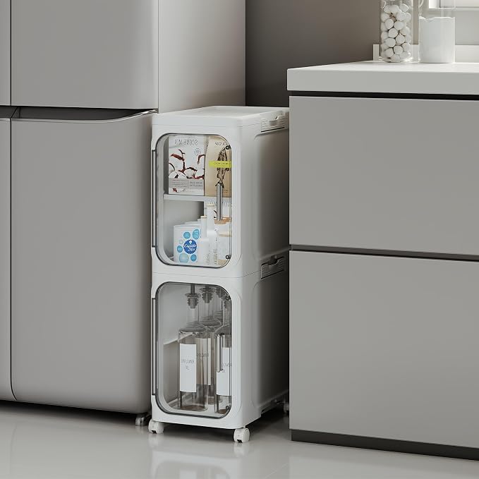 Narrow Slim Bathroom Storage Cabinet with Wheels, 2-Tier White | Tool Free Assembly, Adjustable Shelves, Fits for Narrow Spaces, Reinforced Stability, Magnetic Clear Door