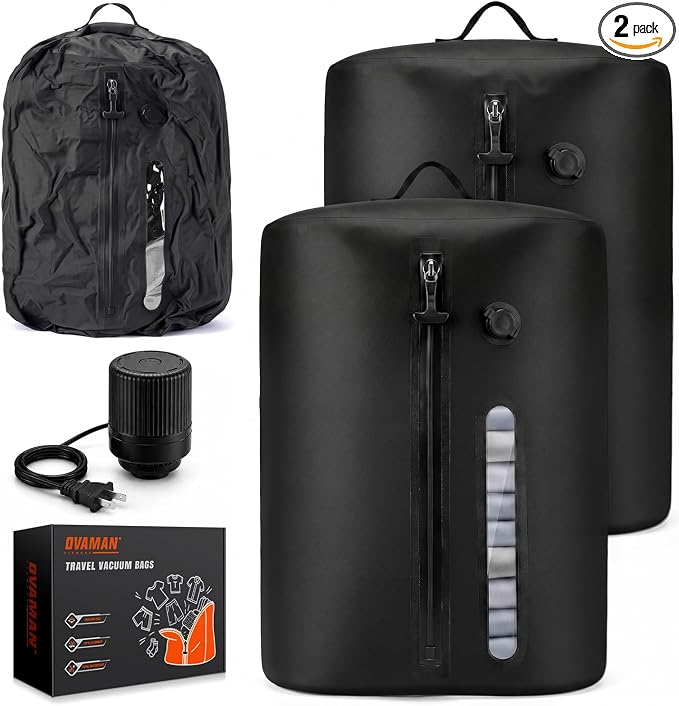 Vacuum Travel Bags With 5500Pa Wired Pump, Vacuum Luggage Bags for Clothes, Compression Bags for Travel, IP68 Waterproof Space Saver Packing Cubes for Suitcase, Backpack & Home Storage (2 Pack + Pump)