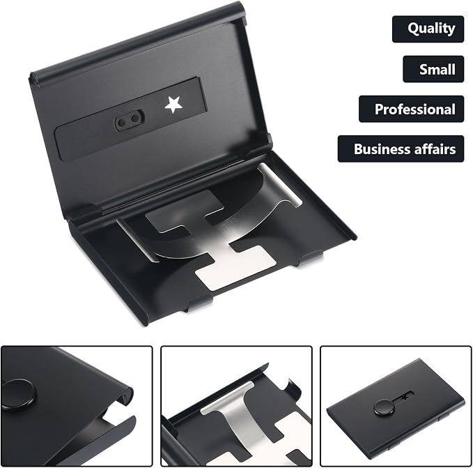 Tatuo 2 Pcs Business Card Holder Thumb Drive Black Gray Stainless Steel Business Name Card Case Portable Slide out Name Holder Wallet Nice Design Pocket for Men and Women