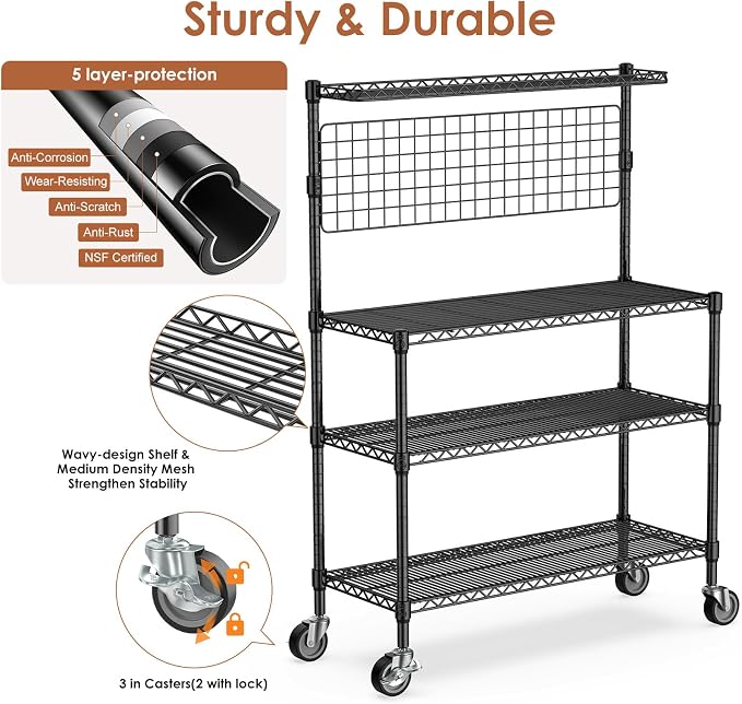 Bakers Rack with Storage & Wheels, 42In Microwave Stand Kitchen Shelves | 4-Tier Heavy Duty Storage Rack with 20 S-Hooks, Commercial Metal Utility Kitchen Cart, 42× 18× 63 Inch, Black
