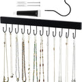 ZEDODIER Necklace Organizer Wall Mount, Wooden Self-Adhesive Jewelry Hanger with 12 Adjustable Hooks, Hanging Holder for Necklace, Belts, Tank Tops, Bras, Black