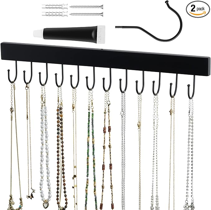 ZEDODIER 2 Pack Necklace Organizer Wall Mount, Wooden Self-Adhesive Jewelry Hanger with 24 Adjustable Hooks, Hanging Holder for Necklace, Belts, Tank Tops, Bras, Black
