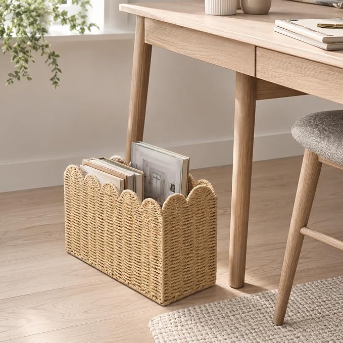 Paper Rope Magazine Holder, Tall Narrow Scalloped Basket | Handwoven Paper Rope Narrow Basket for Magazine Storage, Book basket, Mail Organizer, File Holder 15"L x 6"W x 11"H