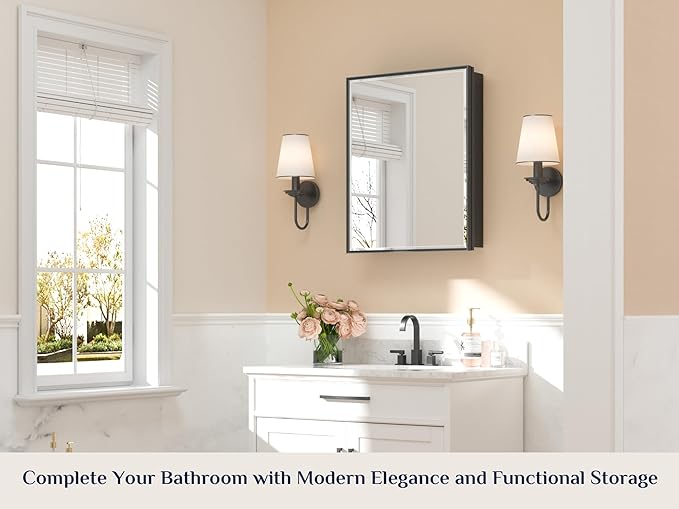 Keonjinn 24” x 30” Black Bathroom Medicine Cabinets with Mirror Recessed or Surface Wall-Mounted Aluminum Alloy Metal Framed Beveled Bathroom Mirror, Large Single Door Farmhouse Storage Cabinet Mirror